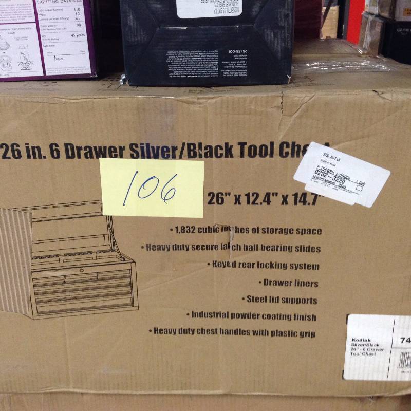 lot 106 image: Kodiak Pro Elite 74706 26-Inch 6 Drawer Tool Chest, SilverBlack never used