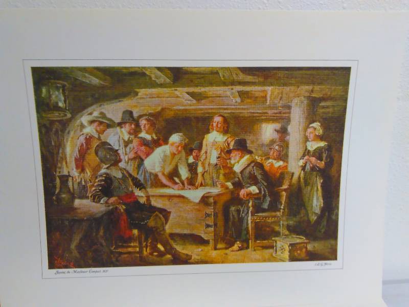 Pilgrim Prints (2) Signing the Mayflower Compact, The First Thanksgiving