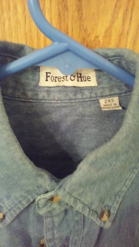 Denim Short Sleeve Shirts, New, Forest and Hue, Boys LG  XL or mans 2XS (8 shirts total)