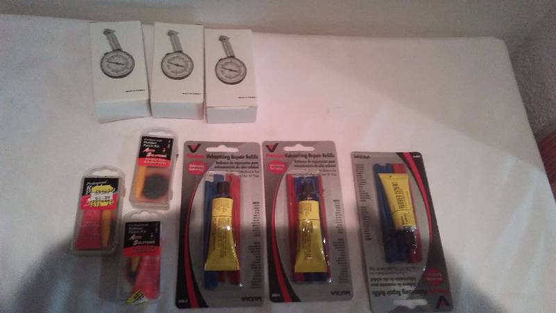 Tire Gauges (3) Rubber Patch Kits (3) and Vulcanizing Repair Refills (3)