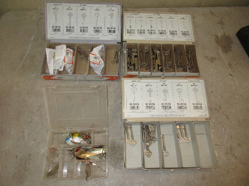 barrel keys - skeleton keys and small box of fishing tackle