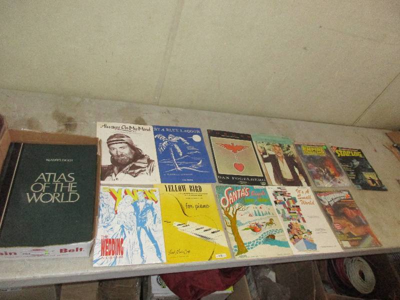 piano sheet music books and 3 comics and readers digest atlas of the world