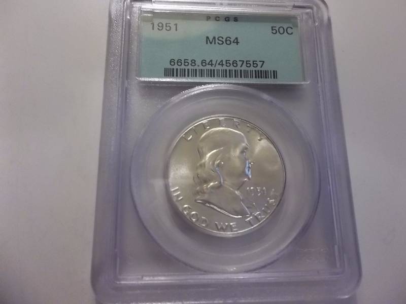 1951 D Franklin Half Dollar PCGS MS64 Has Slight Nick On Bottom Full Bell Line
