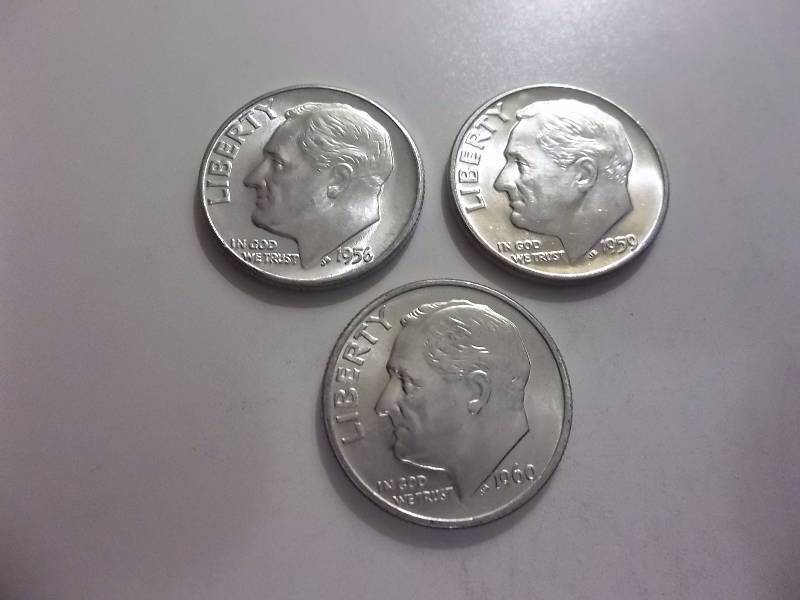 1956, 1959 D, 1960 Roosevelt Dimes Unc MS