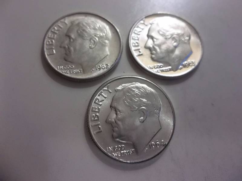 1962 D, 1963 D, 1964 D Roosevelt Dimes Unc MS