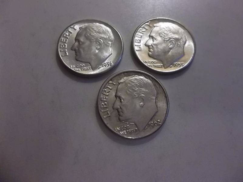 1956, 1959 D, 1962 D Roosevelt Dimes Unc MS