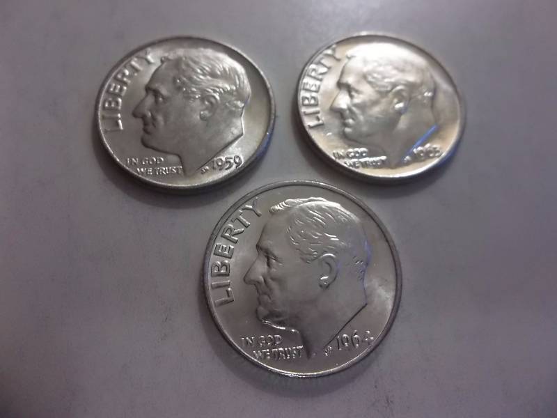 1959 D, 1963 D, 1964  Roosevelt Dimes Unc