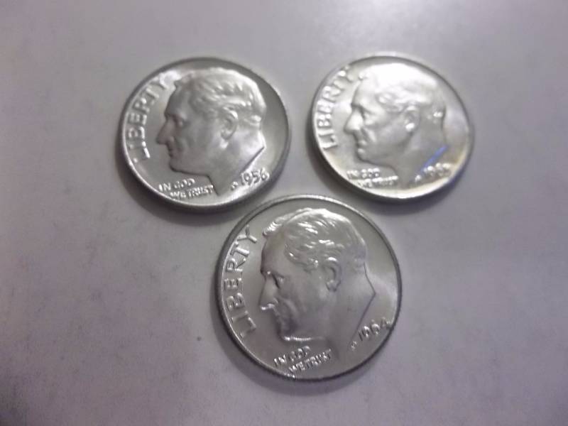 1956, 1963D, 1964 D Roosevelt Dimes Unc MS