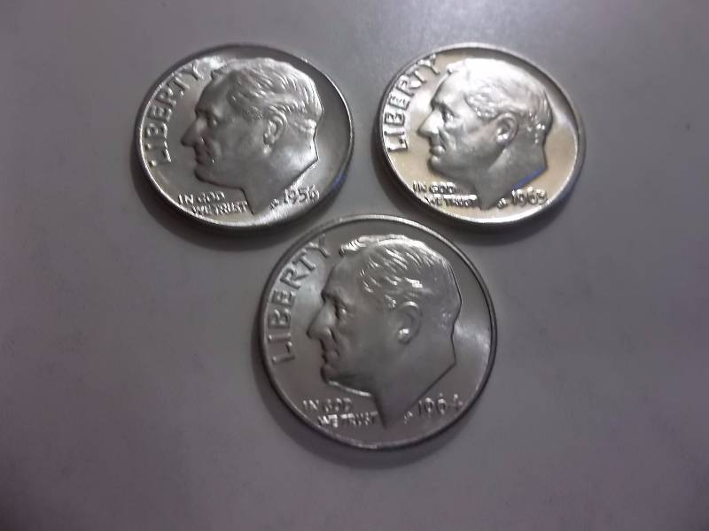 1956, 1963 D, 1964 D Roosevelt Dimes Unc MS