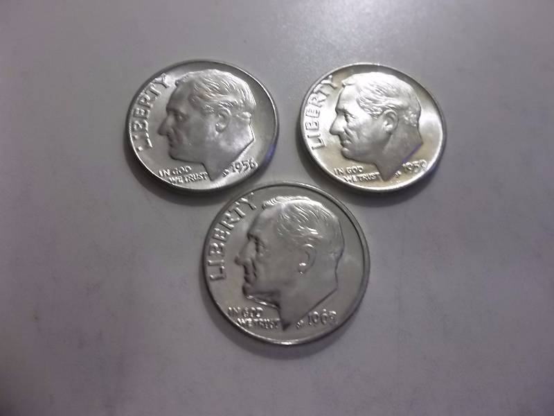 1956, 1959 D, 1963 D Roosevelt Dimes Unc MS