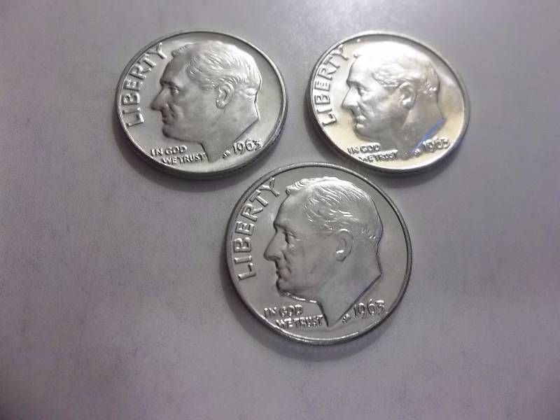 1963 D, 1963 D, 1963 D Roosevelt Dimes Unc MS