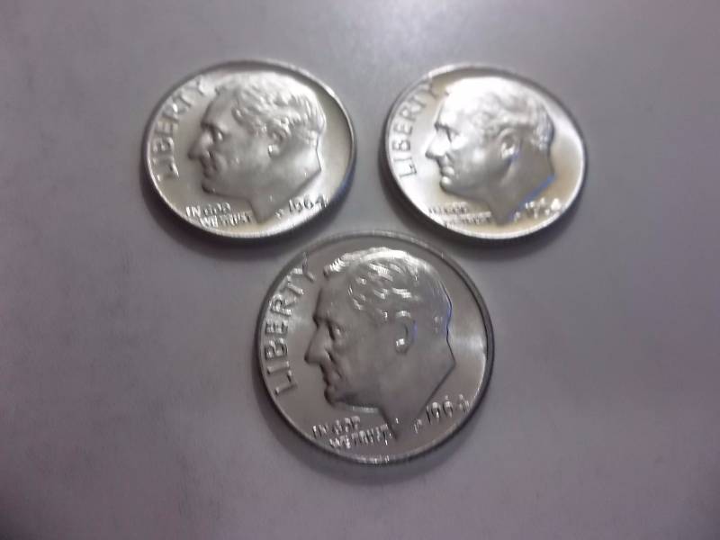 1964 D, 1964 D, 1964 D Roosevelt Dimes Unc MS