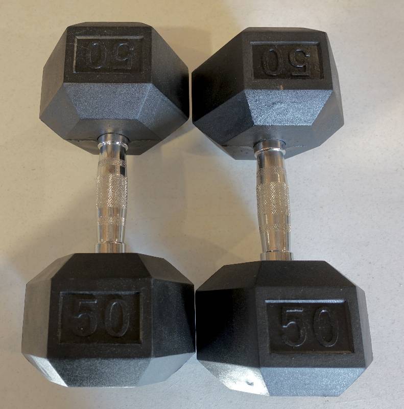lot 2 image: Complete Heavy Duty Rubber Hex Shaped Dumbbell (11 piece set  - 5 lbs. to 50 lbs.)  2 Extra Miscellaneous Dumbbell sets