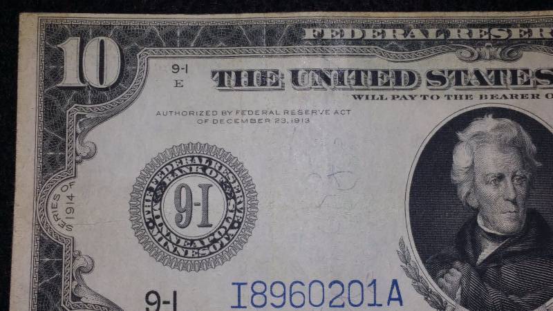 lot 4 image: 1914 $10 Minneapols Federal Reserve Note - High Grade