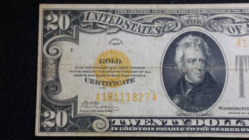 lot 7 image: 1928 $20 Gold Certificate
