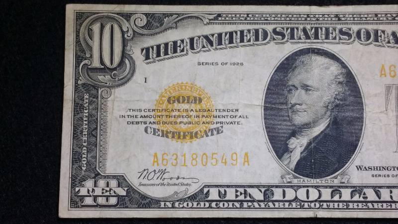lot 8 image: 1928 $10 Gold Certificate