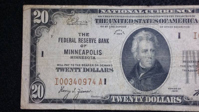 lot 9 image: 1929 $20 Minneapolis Federal Reserve Note