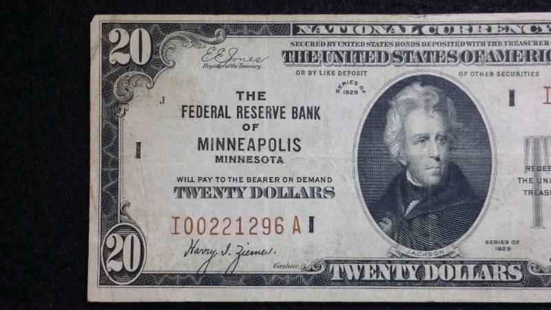 lot 10 image: 1929 $20 Minneapolis Federal Reserve Note