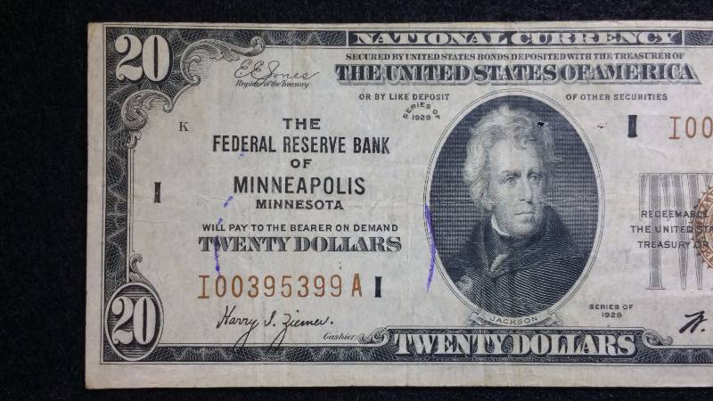 lot 11 image: 1929 $20 Minneapolis Federal Reserve Note