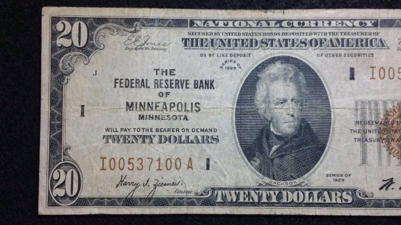 lot 12 image: 1929 $20 Minneapolis Federal Reserve Note