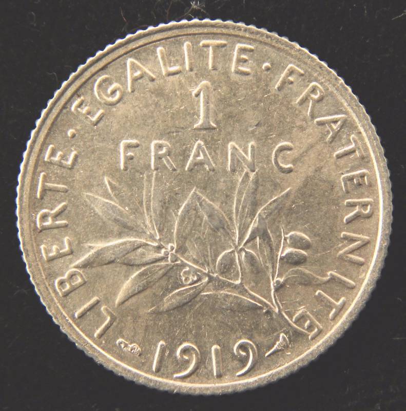 1919 1 FRANC (5 GRAMS - 83.5% SILVER) UNC.