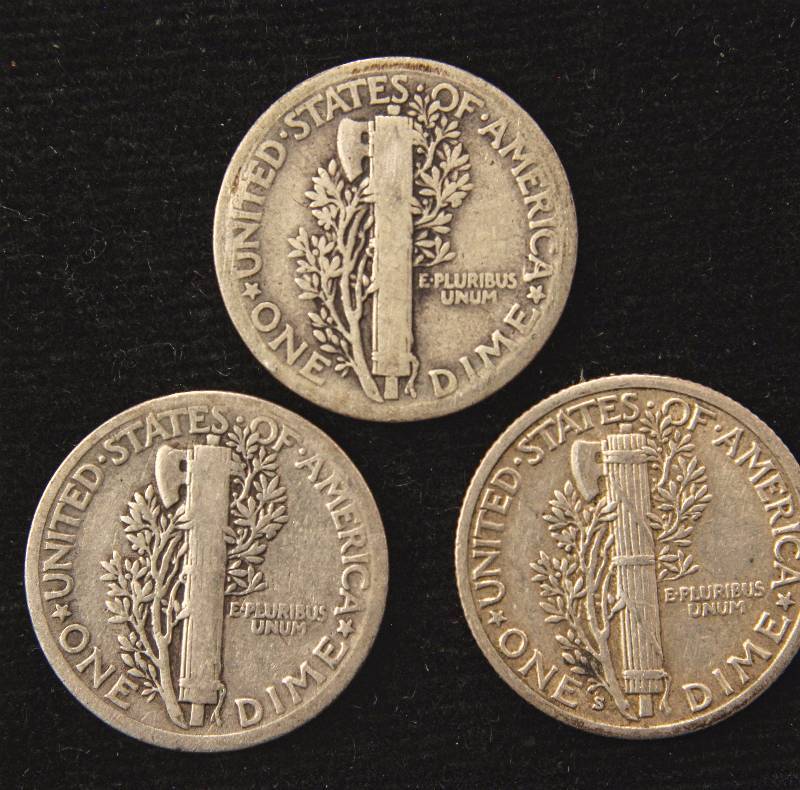 GROUP OF 3 MERCURY SILVER DIMES 1923P, 1924P, 1938S F-XF