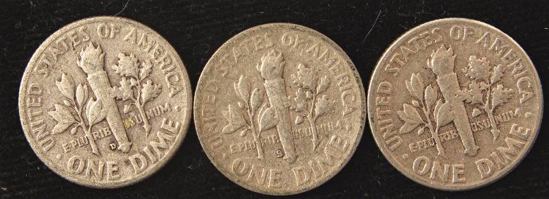 GROUP OF 3 SILVER ROOSEVELT DIMES 1949P, 1949D & 1949S