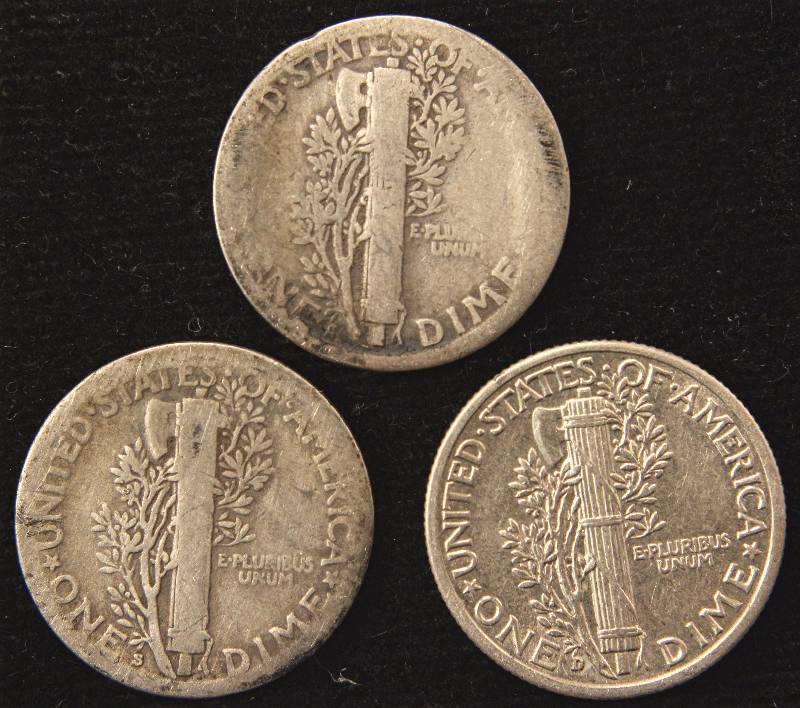 GROUP OF 3 MERCURY SILVER DIMES 1918S, 1927S, 1943D VG-AU