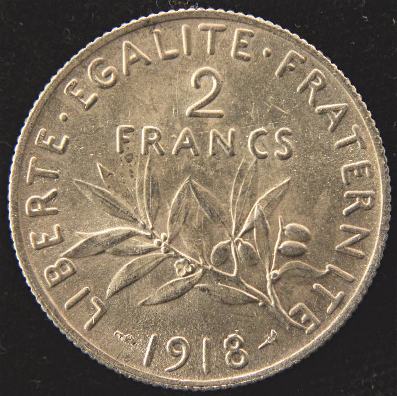 1918 SILVER 2 FRANCS (10 GRAMS - 83.5% SILVER) UNC