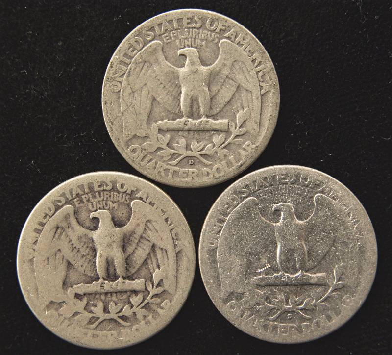 GROUP OF 3 WASHINGTON SILVER QUARTERS 1940 P-D-S