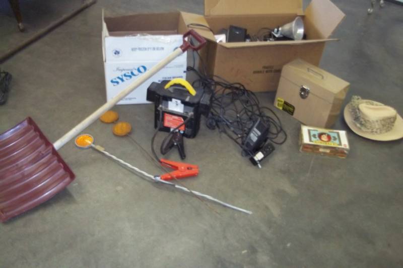VHS tapes, battery jumper station,shovel,etc etc