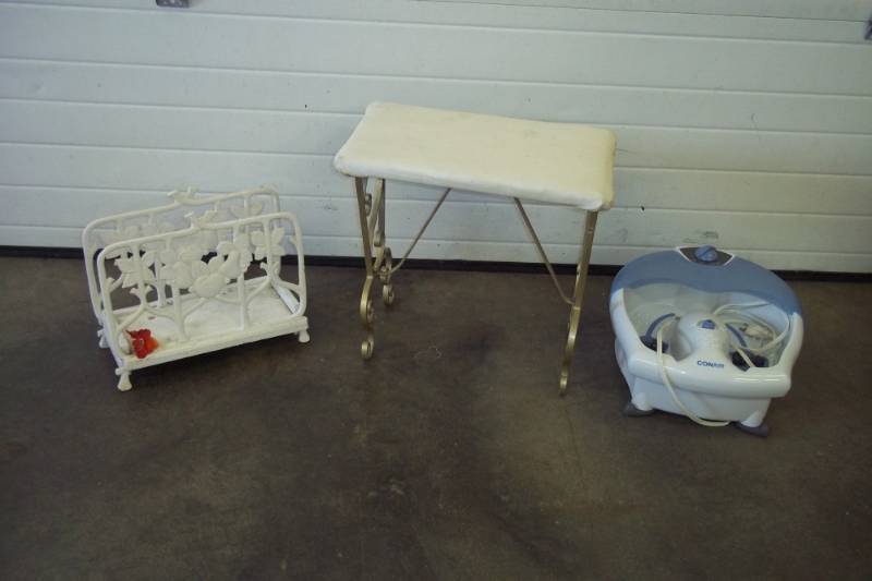 Vintage Iron magazine holder, Vintage powder room chair, foot soak