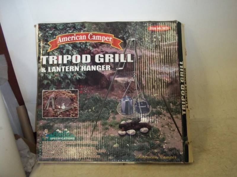 Tri Pod Campfire Grill and lantern hanger