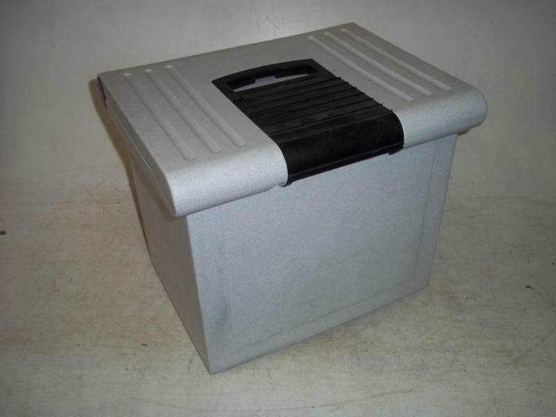 Grey plastic hanging filing box with files