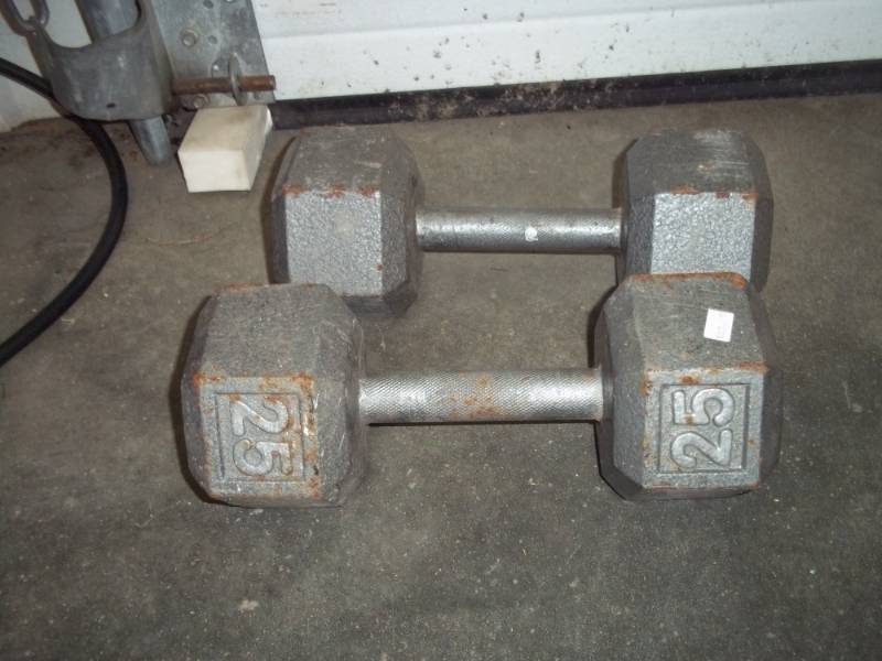 pair of 25 lb dumbbells