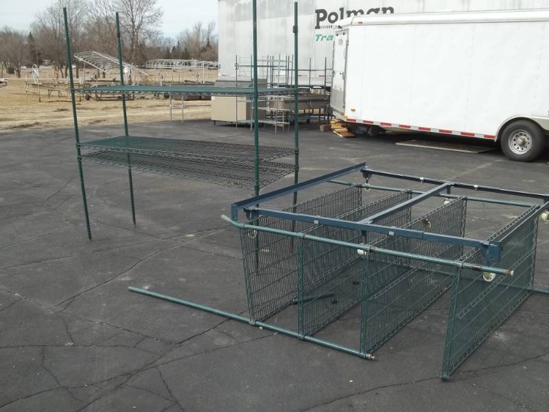 lot 82 image: Shelving Racks need repair and bed frame with wheels