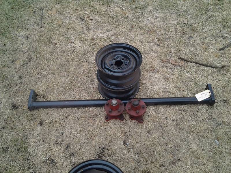 New Trailer Axle, Pair Hubs, Pair Wheels, 56 Inches (May Not All Be Compatible)
