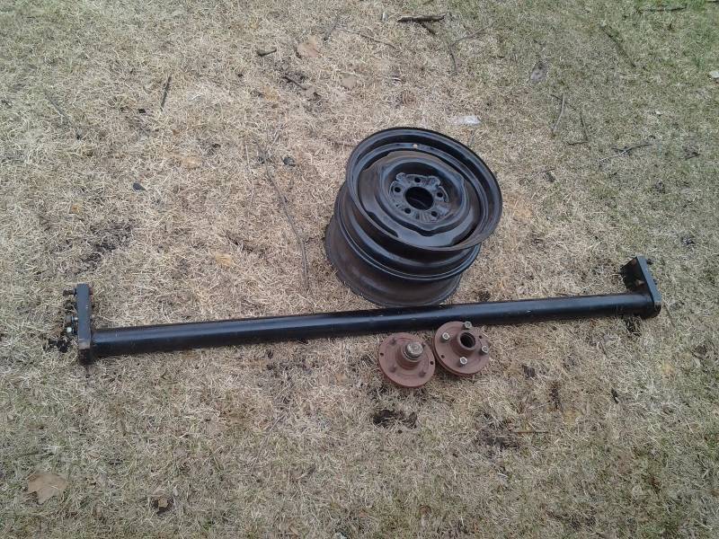 New Trailer Axle, Pair Hubs, Pair Wheels, 57 Inches (May Not All Be Compatible)
