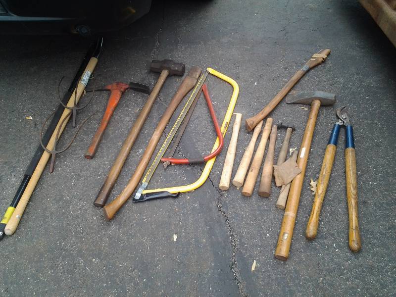 Lot Of Brush Saws, Pick-Axe, Maul, Handles, Pitch Fork Heads