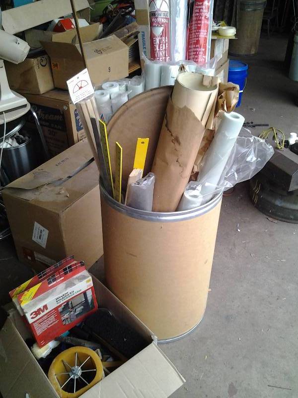 Barrel Of Vinyl Sheeting Rolls, Pipe Insulators, Yard Sticks, Dowels, Misc., Box Of Window Insulation Kits, Assorted Brushes