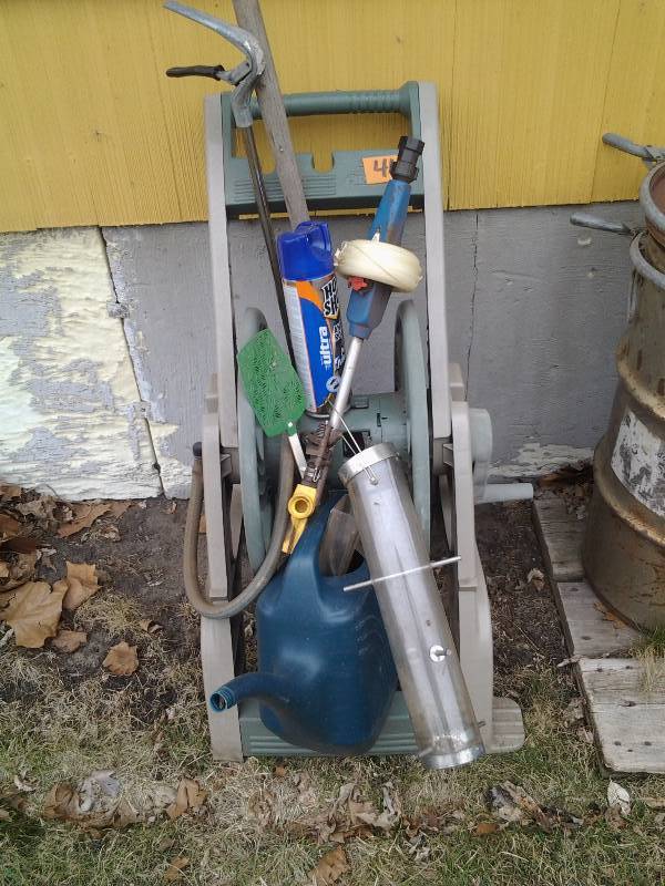 Lot Of Lawn & Garden Related Hose Reel, Watering Can, Weed Digger, Trimmer, More