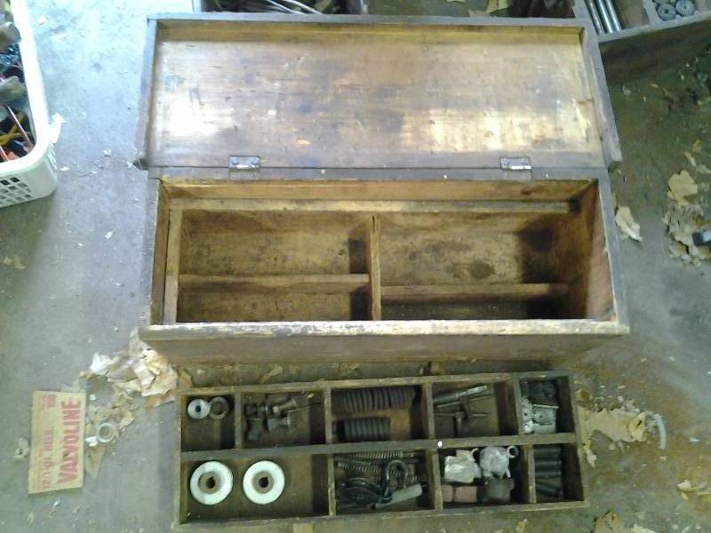 Old Wood Tool Chest With Insert Tray & Some Old Hardware 33x12x13