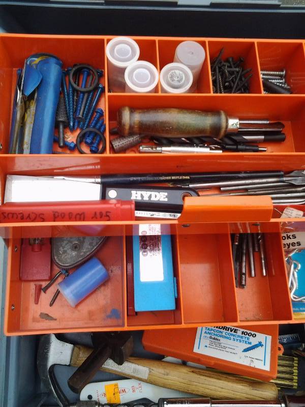 Tool Box & Contents (Bits, Hand Drill, Hardware)