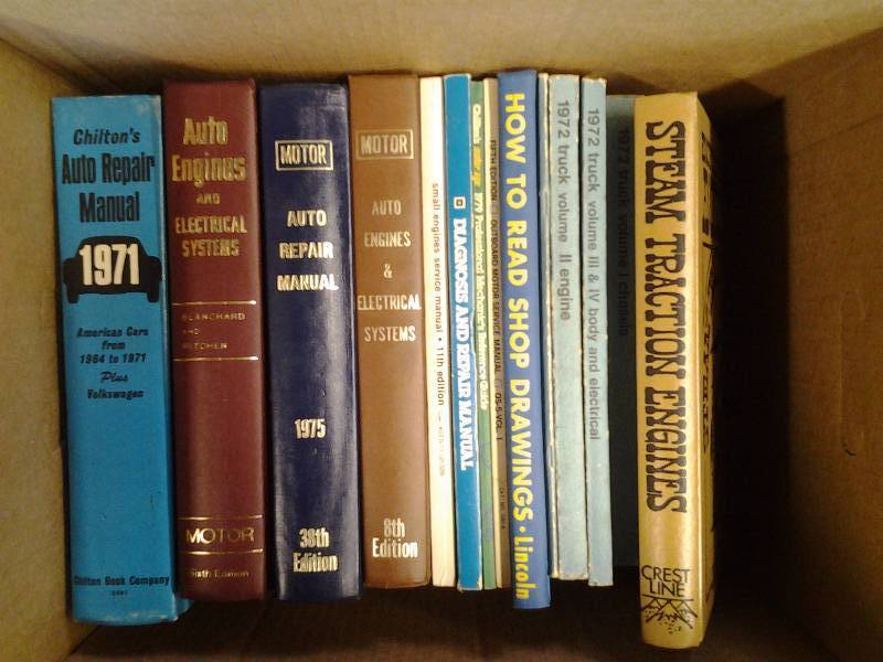 Box Of Old Car Repair Manuals & Steam Engine Books