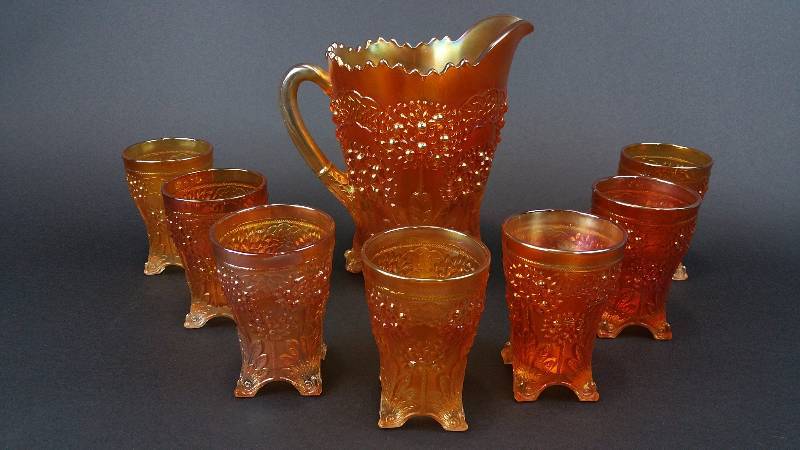 lot 63 image: Fenton Orange Tree 7 Piece Water Pitcher Tumbler Set