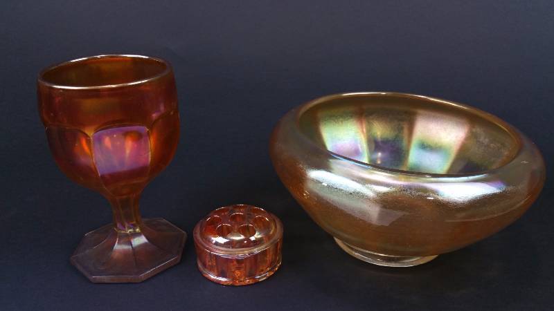 lot 66 image: Fenton Marigold Stretch Glass Paneled Bowl, Flower Frog, Vintage Fenton Art Glass