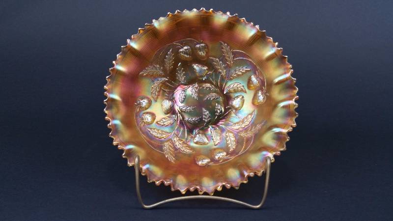 lot 67 image: Northwood Marigold Strawberry Carnival Glass Bowl