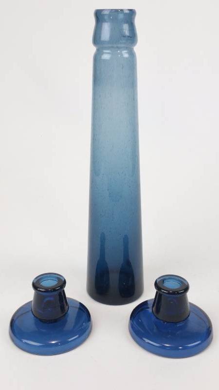 lot 83 image: Maria Kariis Danish Modern Blue Glass Vase & 2 Candle Holders Holmegaard Art Glass