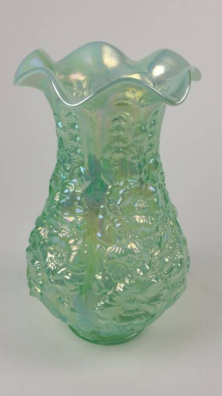 lot 85 image: Fenton Lotus Mist Poppy Show Vase Iridecent Seamist Green