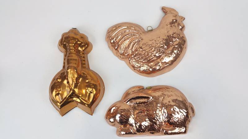 lot 89 image: (3) Copper Molds - Lobster, Rabbit, and Rooster